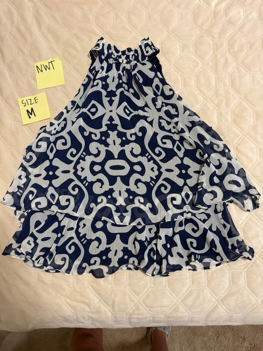 Navy and White Patterned Women's Skirt - Size M